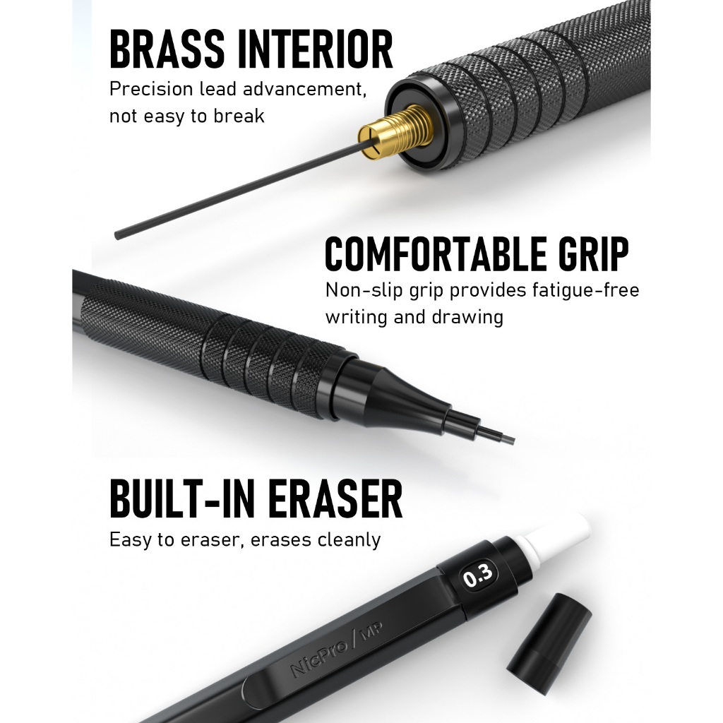 Bộ bút chì cơ khí Nicpro Black Art, 5 bút chì soạn thảo kim loại 0,3, 0,5, 0,7, 0,9 mm & 2 mm Giá đỡ chì than chì để vẽ phác thảo với 9 ống (4B 2B HB 2H Màu) Đổ lại