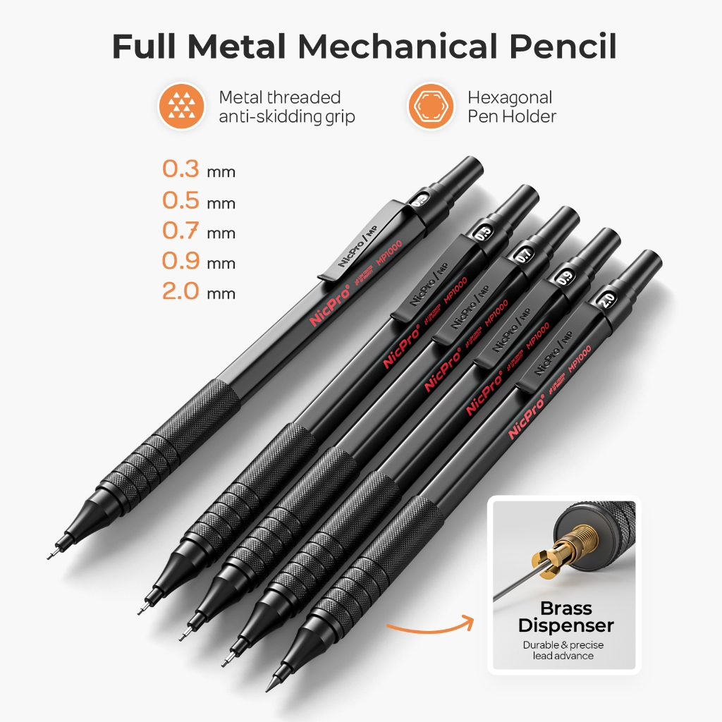 Bộ bút chì cơ khí Nicpro Black Art, 5 bút chì soạn thảo kim loại 0,3, 0,5, 0,7, 0,9 mm & 2 mm Giá đỡ chì than chì để vẽ phác thảo với 9 ống (4B 2B HB 2H Màu) Đổ lại