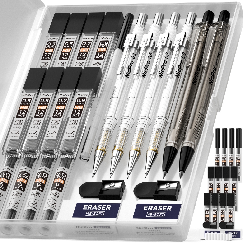 Bộ bút chì cơ khí nghệ thuật Nicpro 6 chiếc: 4 bút soạn thảo 0,3–0,9 mm & 2 giá đỡ 2 mm (4B 2B HB 2H), kèm 12 ống nạp chì để viết, vẽ, phác thảo