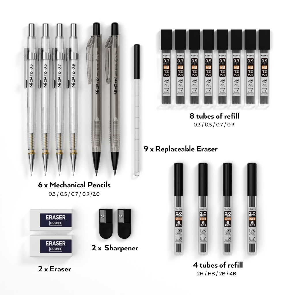 Bộ bút chì cơ khí nghệ thuật Nicpro 6 chiếc: 4 bút soạn thảo 0,3–0,9 mm & 2 giá đỡ 2 mm (4B 2B HB 2H), kèm 12 ống nạp chì để viết, vẽ, phác thảo