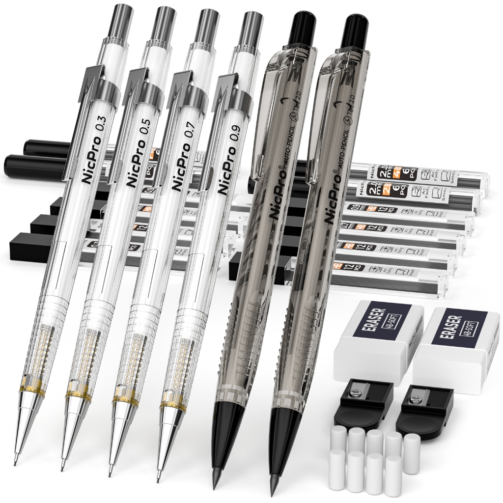 Bộ bút chì cơ khí nghệ thuật Nicpro 6 chiếc: 4 bút soạn thảo 0,3–0,9 mm & 2 giá đỡ 2 mm (4B 2B HB 2H), kèm 12 ống nạp chì để viết, vẽ, phác thảo