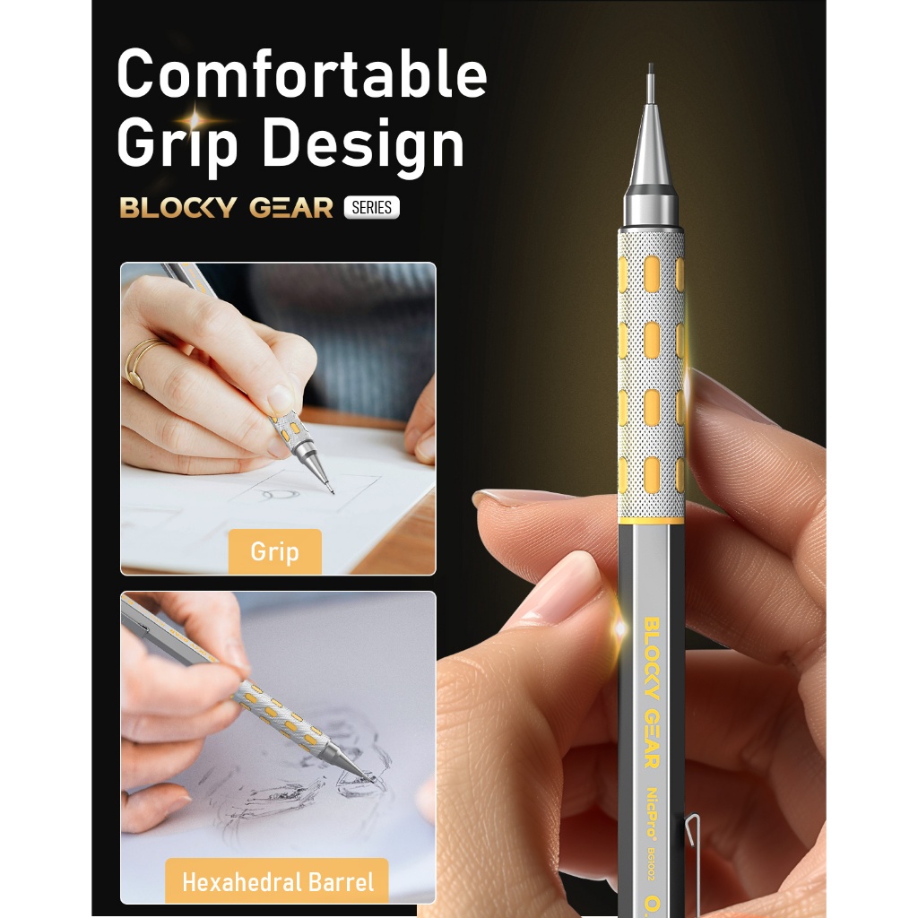Bộ bút chì cơ khí Nicpro Blocky Gear 0,9 mm, bút chì kim loại có nạp chì HB 0,9mm, tẩy để vẽ soạn thảo nghệ thuật chuyên nghiệp & dành cho người lớn