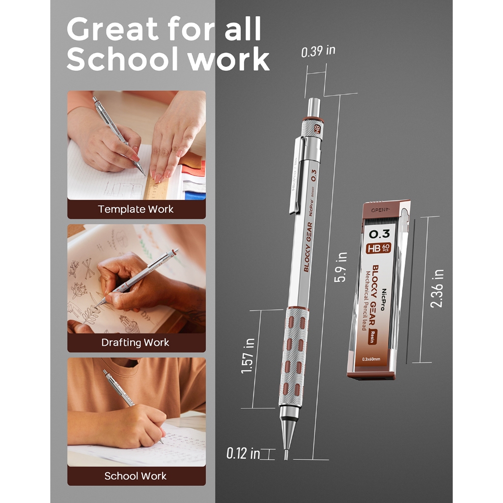 Nicpro Blocky Gear 0.30.5 / 0.7 / 0.9mm Bộ bút chì cơ khí, Bút chì kim loại có chì nạp lại, Tẩy để vẽ soạn thảo nghệ thuật chuyên nghiệp & dành cho người lớn
