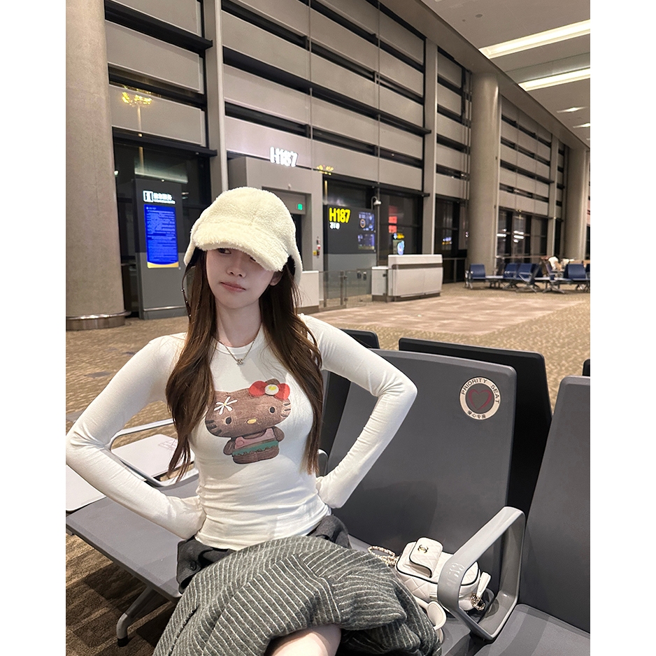 【BANKO】Áo Hoodie Phong Cách Hàn Quốc Mùa Thu Đông, Họa Tiết Kitty, Thiết Kế Cổ Tròn Tay Dài Màu Trắng