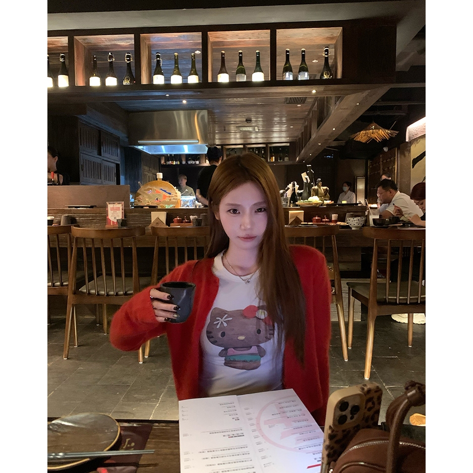 【BANKO】Áo Hoodie Phong Cách Hàn Quốc Mùa Thu Đông, Họa Tiết Kitty, Thiết Kế Cổ Tròn Tay Dài Màu Trắng