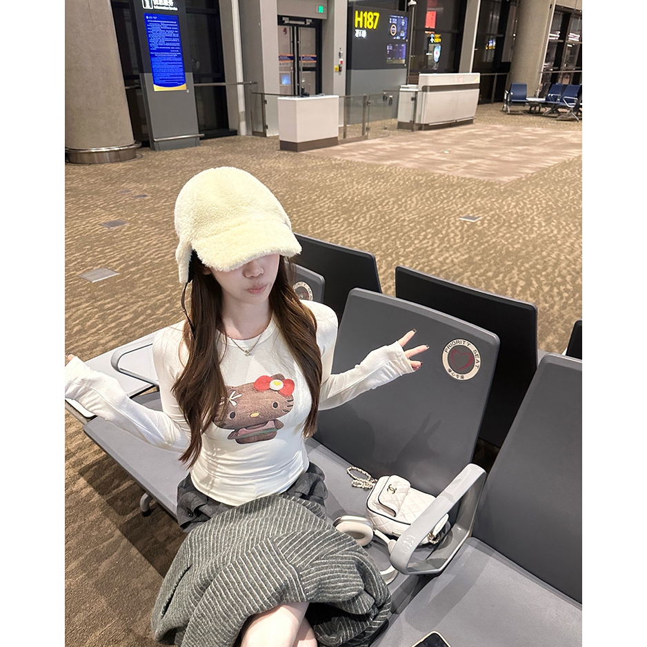 【BANKO】Áo Hoodie Phong Cách Hàn Quốc Mùa Thu Đông, Họa Tiết Kitty, Thiết Kế Cổ Tròn Tay Dài Màu Trắng