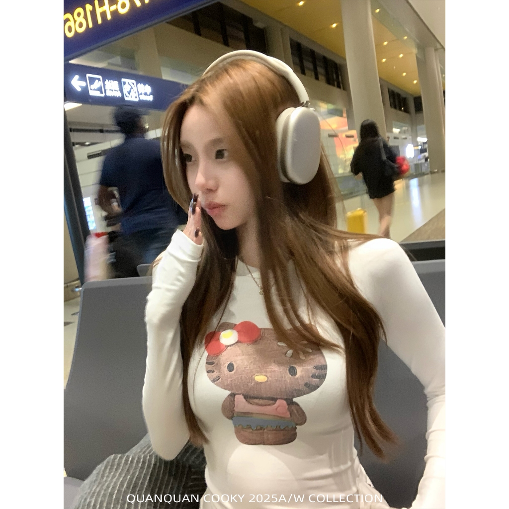 【BANKO】Áo Hoodie Phong Cách Hàn Quốc Mùa Thu Đông, Họa Tiết Kitty, Thiết Kế Cổ Tròn Tay Dài Màu Trắng