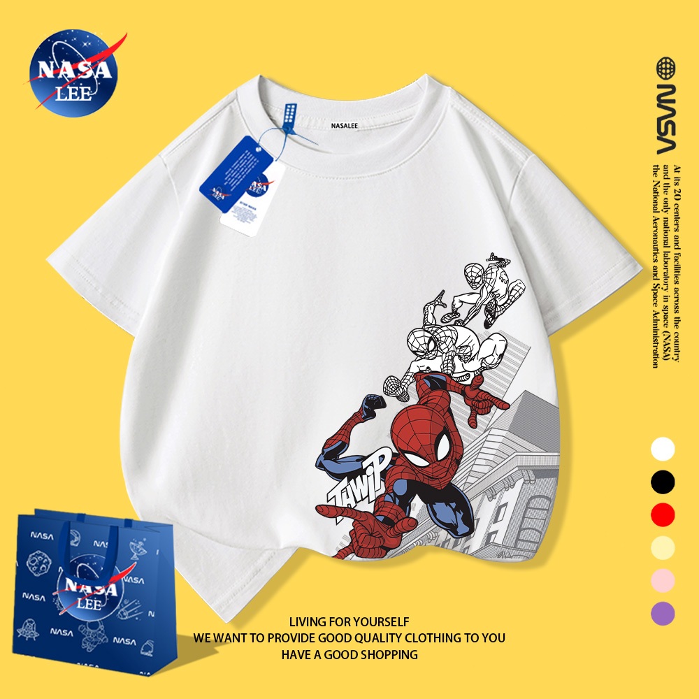 Áo phông trẻ em NASA in hình Spider-Man, cotton 100%, phong cách Hàn Quốc.