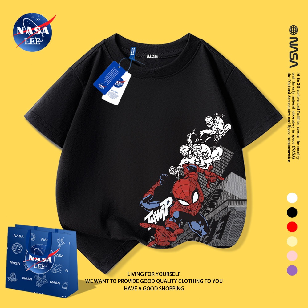 Áo phông trẻ em NASA in hình Spider-Man, cotton 100%, phong cách Hàn Quốc.
