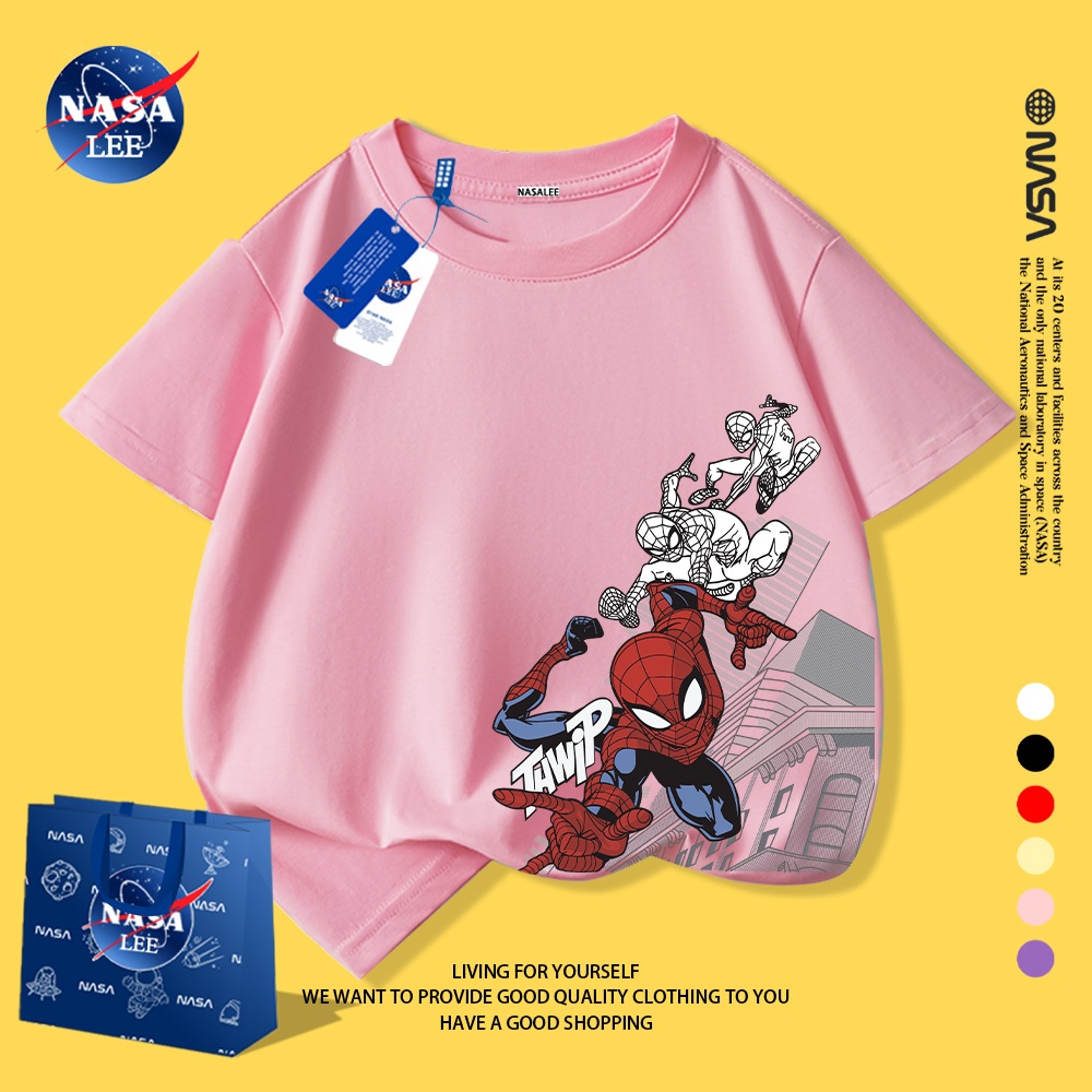 Áo phông trẻ em NASA in hình Spider-Man, cotton 100%, phong cách Hàn Quốc.