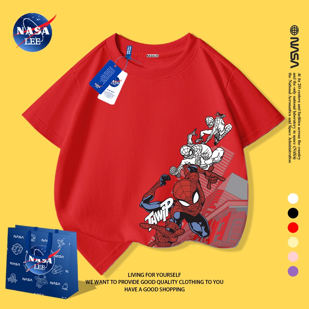 Áo phông trẻ em NASA in hình Spider-Man, cotton 100%, phong cách Hàn Quốc.