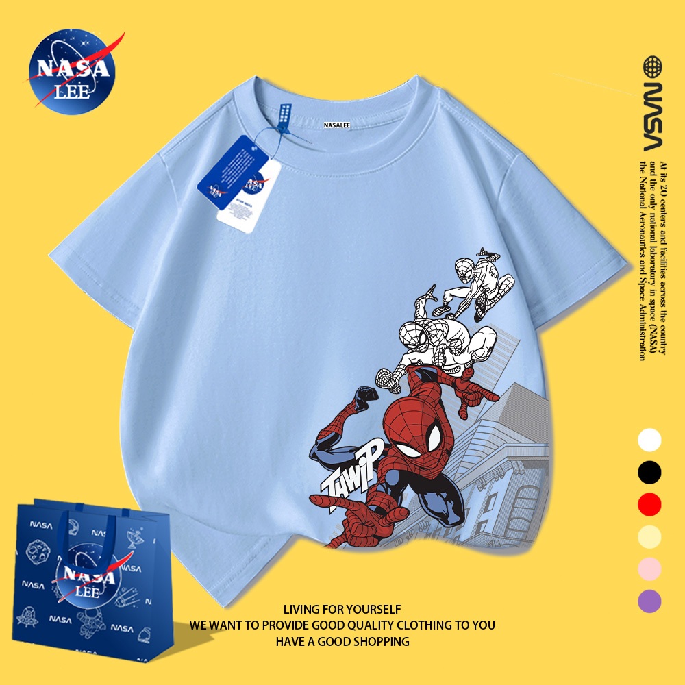 Áo phông trẻ em NASA in hình Spider-Man, cotton 100%, phong cách Hàn Quốc.