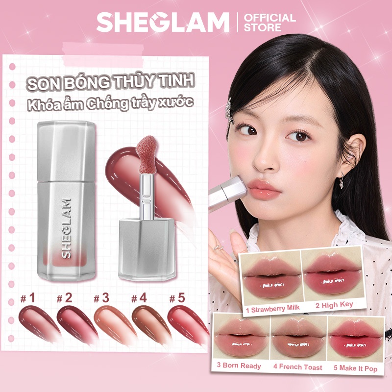 Son Bóng Thủy Tinh SHEGLAM Khóa ẩm Dưỡng ẩm Chống trầy xước Trang điểm môi