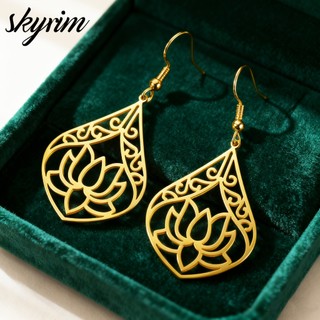 Skyrim Thép không gỉ Vàng Thả Bông Tai Nước Giọt Hình Hoa Sen Mặt Dây Chuyền Trang Sức Thanh Lịch