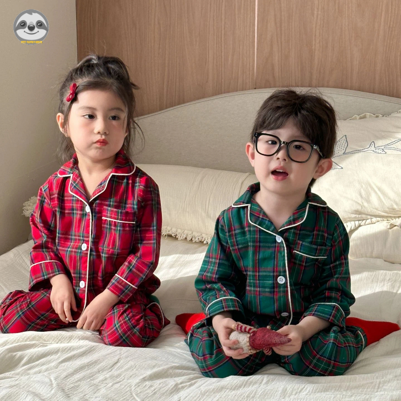 Bộ đồ ngủ bằng vải cotton nguyên chất kẻ sọc chấm bi cho trẻ em / Bộ đồ ngủ kẻ sọc cotton nguyên chất phong cách Giáng sinh cho bé trai / Quần trẻ em Phòng chờ đi chơi dài tay
