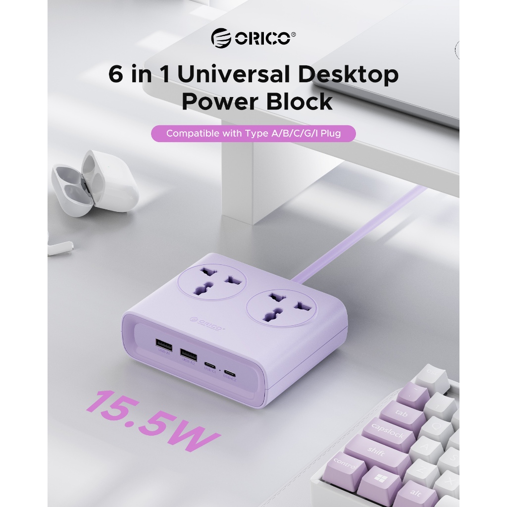 ORICO US Plug - Dây nguồn đa năng Ổ cắm mở rộng công suất 1.6M Dây mở rộng ổ cắm di động với cổng USB 15,5W (PDC15-US-UN)