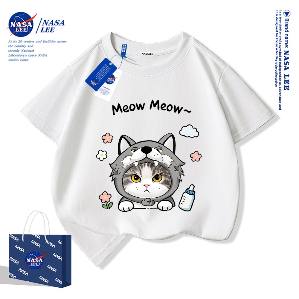 NASA Áo thun trẻ em chất liệu cotton nguyên chất, họa tiết mèo dễ thương, mềm mại thoải mái, phù hợp cho cả bé trai và bé gái.