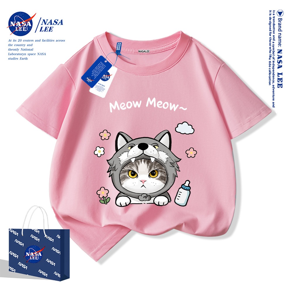 NASA Áo thun trẻ em chất liệu cotton nguyên chất, họa tiết mèo dễ thương, mềm mại thoải mái, phù hợp cho cả bé trai và bé gái.