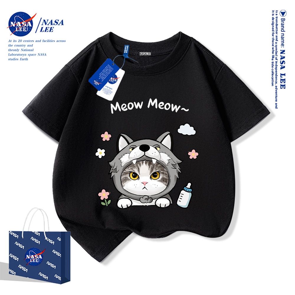 NASA Áo thun trẻ em chất liệu cotton nguyên chất, họa tiết mèo dễ thương, mềm mại thoải mái, phù hợp cho cả bé trai và bé gái.