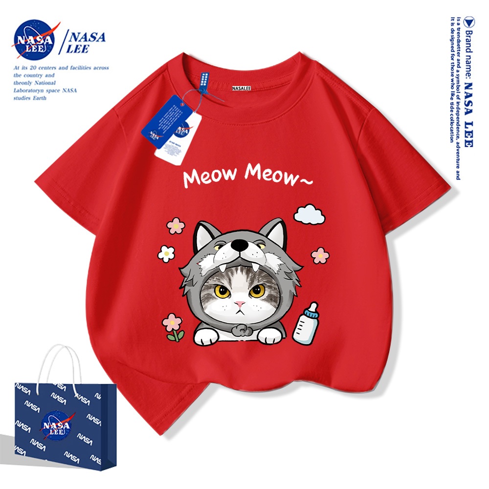 NASA Áo thun trẻ em chất liệu cotton nguyên chất, họa tiết mèo dễ thương, mềm mại thoải mái, phù hợp cho cả bé trai và bé gái.