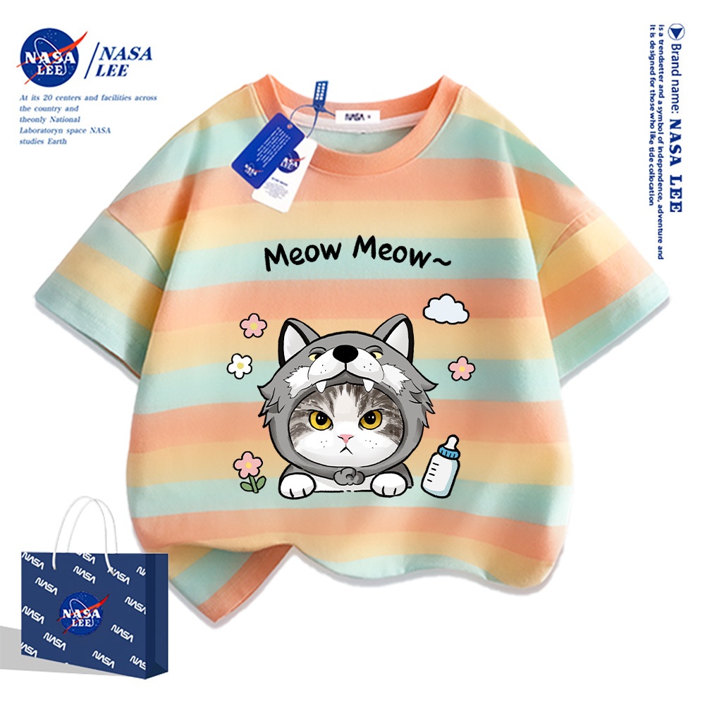 NASA Áo thun trẻ em chất liệu cotton nguyên chất, họa tiết mèo dễ thương, mềm mại thoải mái, phù hợp cho cả bé trai và bé gái.