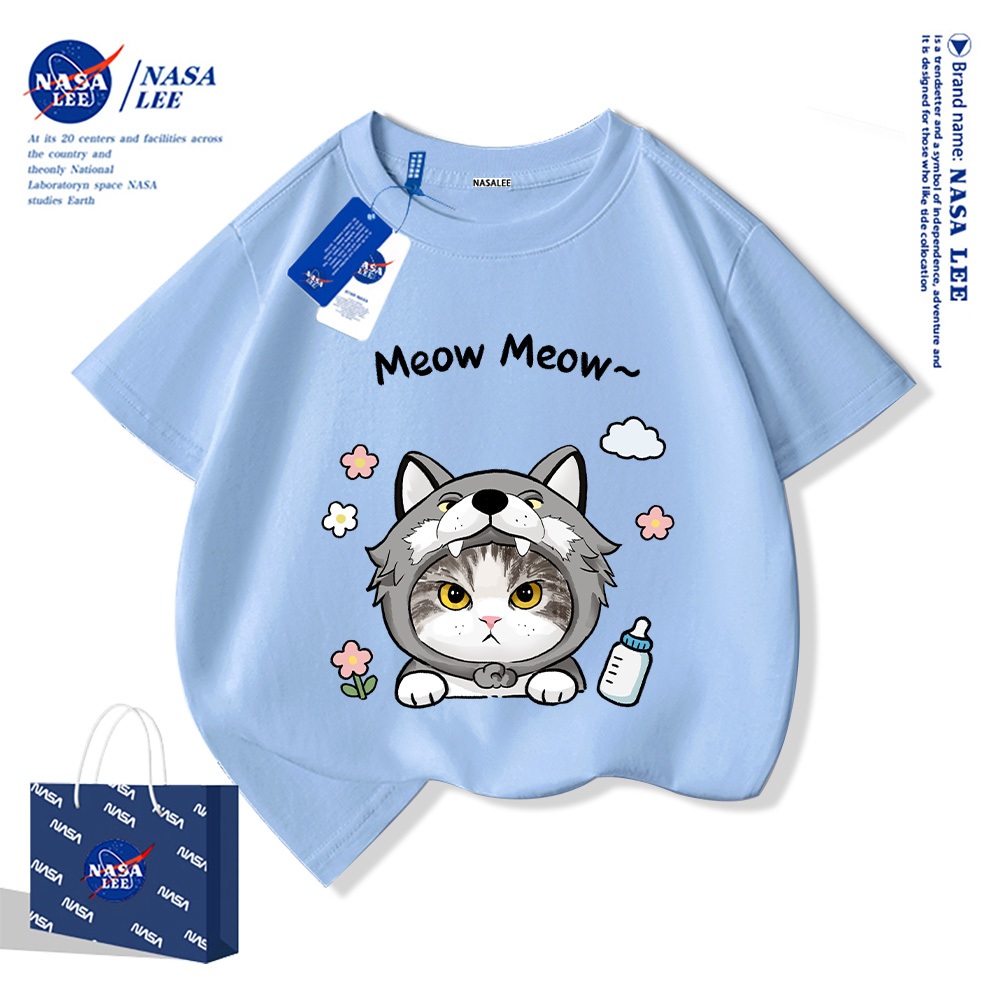 NASA Áo thun trẻ em chất liệu cotton nguyên chất, họa tiết mèo dễ thương, mềm mại thoải mái, phù hợp cho cả bé trai và bé gái.