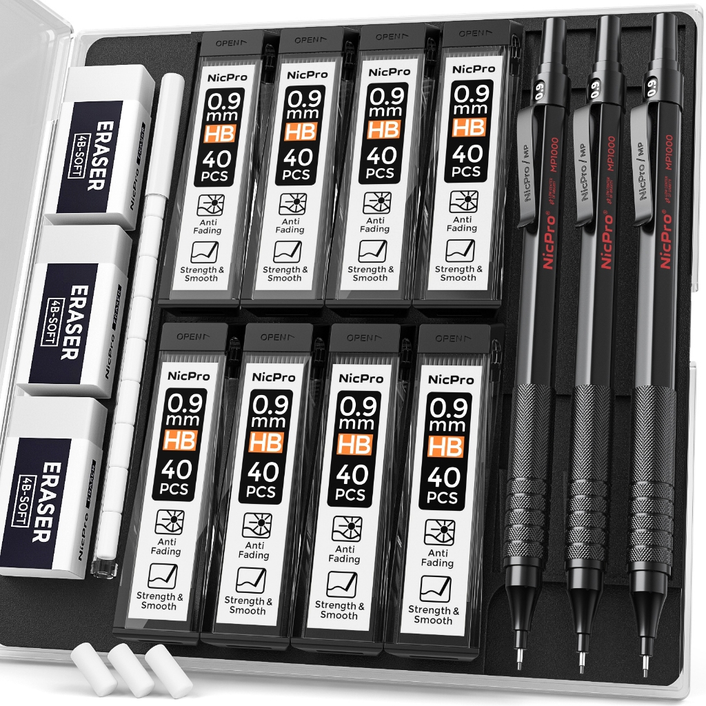 Bộ bút chì cơ khí kim loại Nicpro 0.9 có hộp đựng, 3 chiếc bút chì soạn thảo MP1000 màu đen, 8 ống HB nạp chì, 3 chiếc tẩy, tẩy xóa để viết nghệ sĩ, vẽ, Sketc