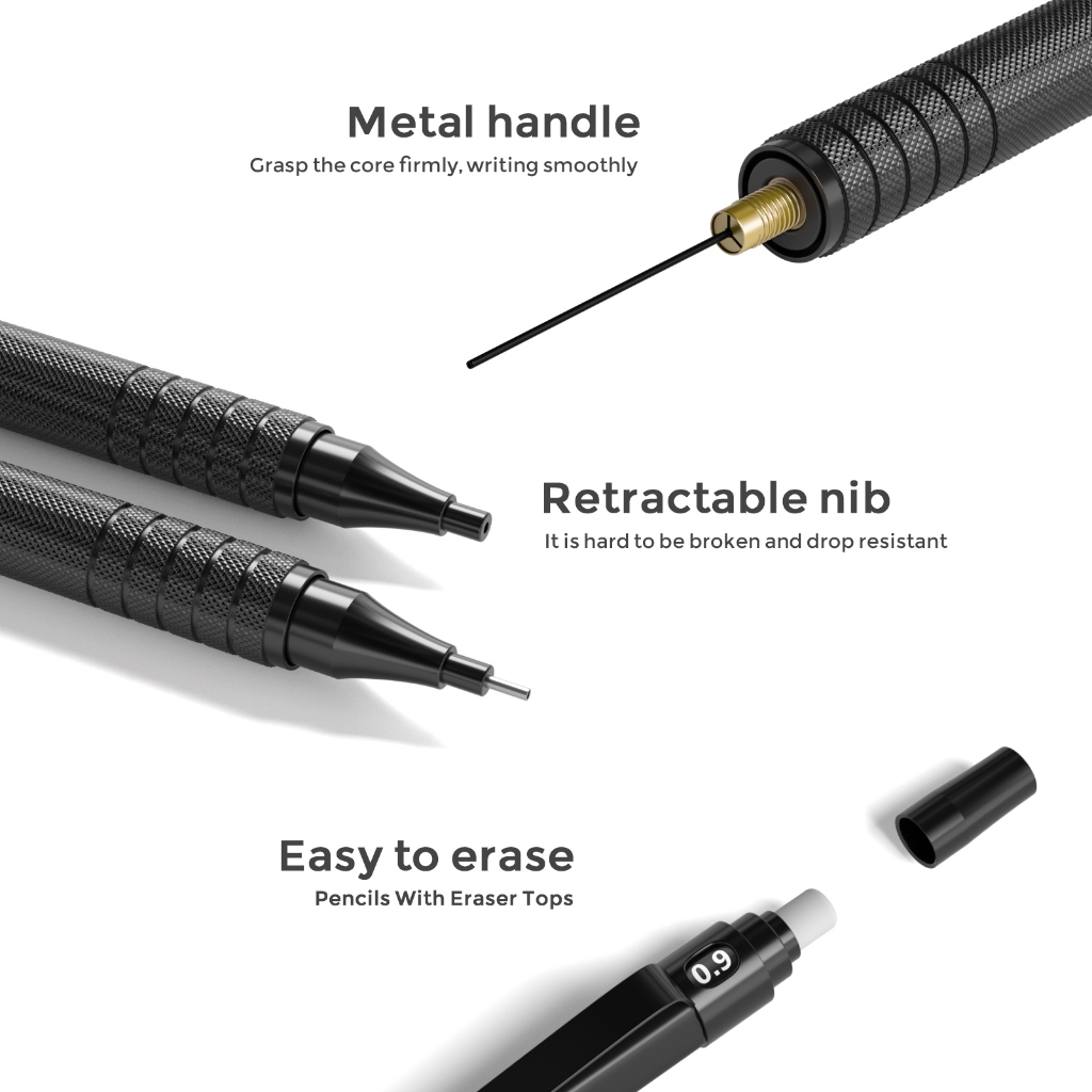 Bộ bút chì cơ khí kim loại Nicpro 0.9 có hộp đựng, 3 chiếc bút chì soạn thảo MP1000 màu đen, 8 ống HB nạp chì, 3 chiếc tẩy, tẩy xóa để viết nghệ sĩ, vẽ, Sketc