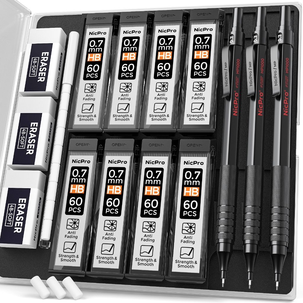 Bộ bút chì cơ khí Nicpro 0,7 mm có hộp đựng, 3 bút chì nghệ sĩ kim loại có 8 ống HB nạp chì, 3 tẩy, 9 tẩy nạp lại cho kiến trúc sư vẽ soạn thảo nghệ thuật, Engineerin