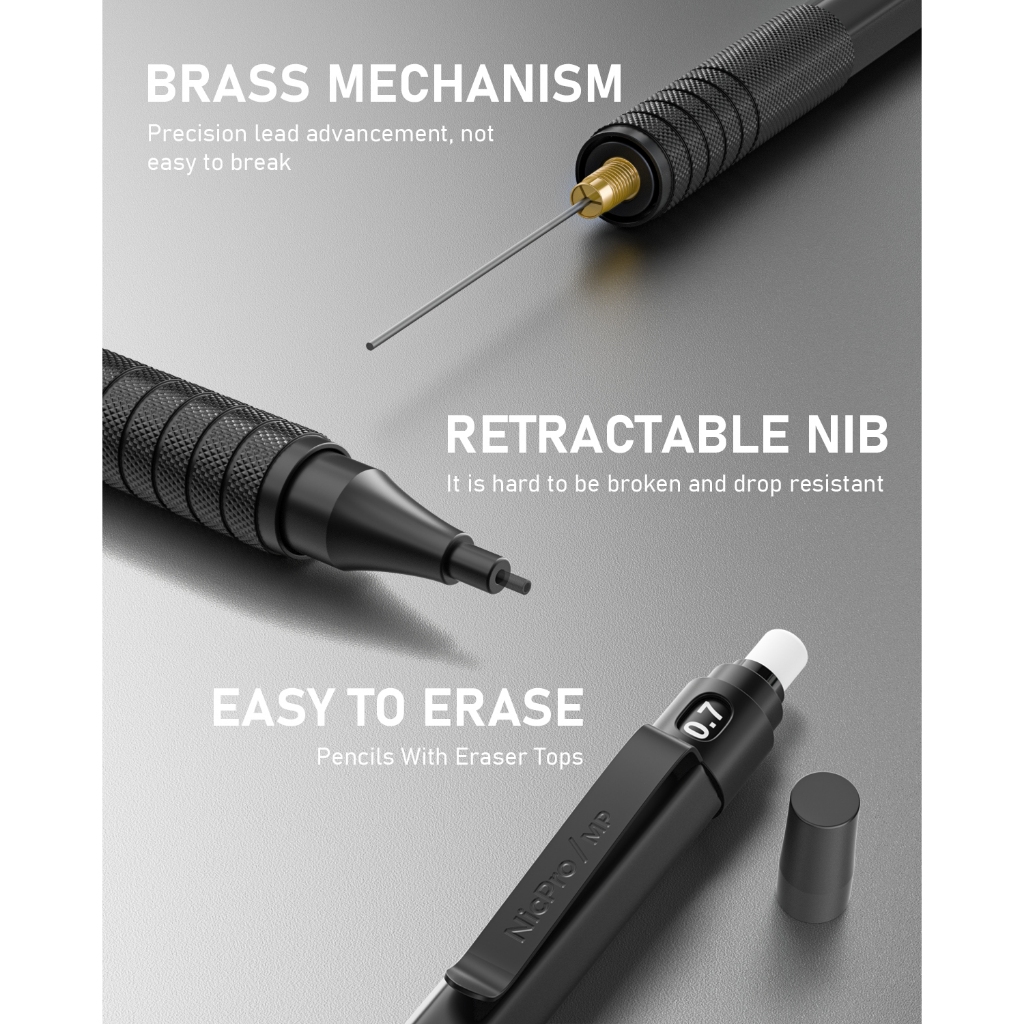 Bộ bút chì cơ khí Nicpro 0,7 mm có hộp đựng, 3 bút chì nghệ sĩ kim loại có 8 ống HB nạp chì, 3 tẩy, 9 tẩy nạp lại cho kiến trúc sư vẽ soạn thảo nghệ thuật, Engineerin