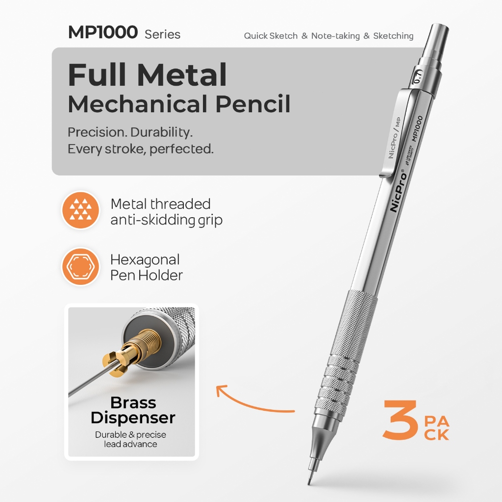 Bộ bút chì cơ khí Nicpro 3 chiếc 0,7mm MP1000 có hộp đựng, Bút chì nghệ sĩ kim loại với 8 lần nạp lại HB, 0,5mm, 3 tẩy, 9 lần nạp lại cho kiến trúc sư Vẽ, Kỹ thuật