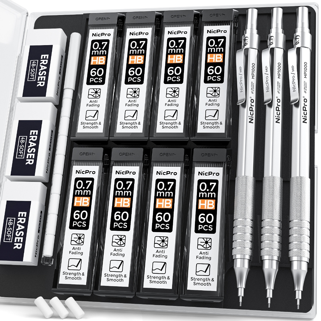 Bộ bút chì cơ khí Nicpro 3 chiếc 0,7mm MP1000 có hộp đựng, Bút chì nghệ sĩ kim loại với 8 lần nạp lại HB, 0,5mm, 3 tẩy, 9 lần nạp lại cho kiến trúc sư Vẽ, Kỹ thuật