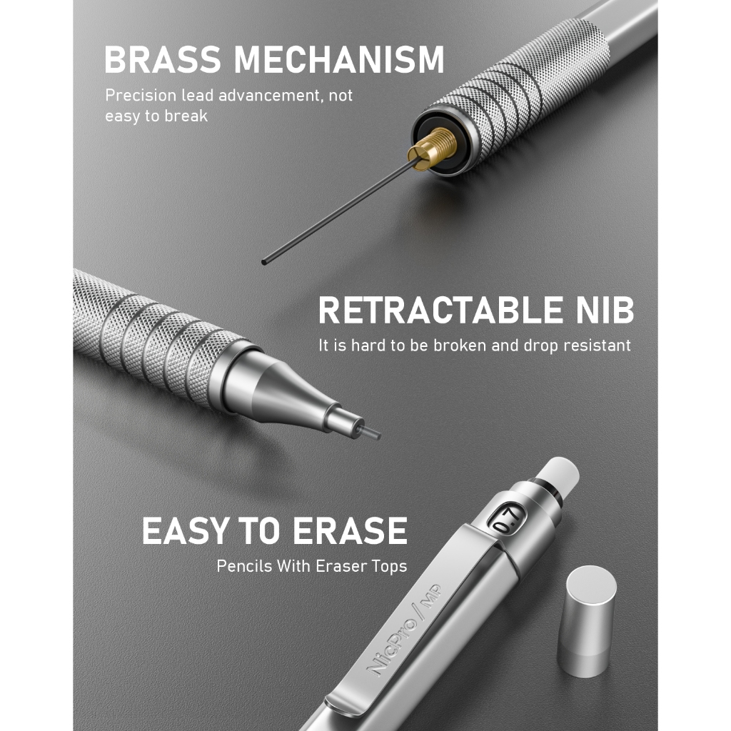 Bộ bút chì cơ khí Nicpro 3 chiếc 0,7mm MP1000 có hộp đựng, Bút chì nghệ sĩ kim loại với 8 lần nạp lại HB, 0,5mm, 3 tẩy, 9 lần nạp lại cho kiến trúc sư Vẽ, Kỹ thuật