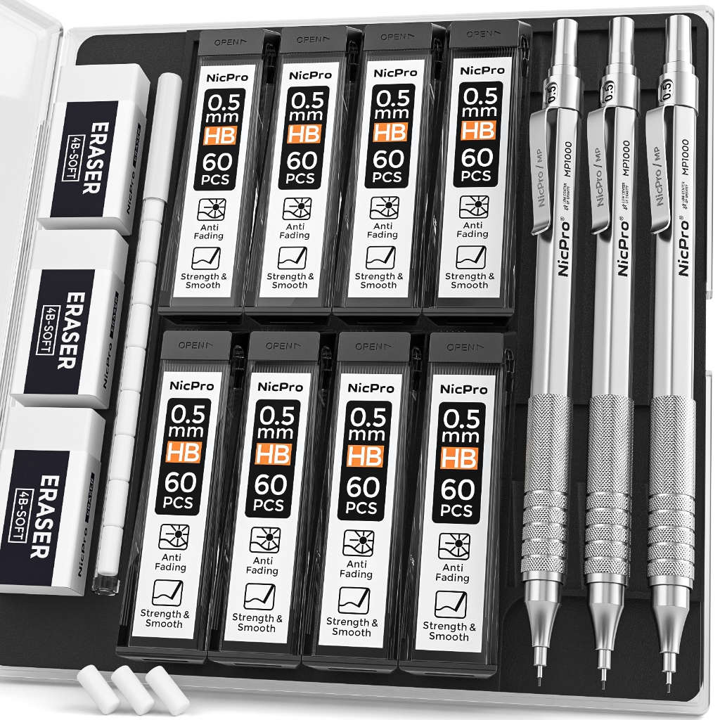 Nicpro 3 CÁI 0.5 / 0.7mm MP1000 Bộ bút chì cơ khí có hộp đựng, Bút chì nghệ sĩ kim loại với 8 lần nạp lại HB, 0,5 / 0,7mm, 3 tẩy, 9 lần nạp lại cho kiến trúc sư Viết bản vẽ