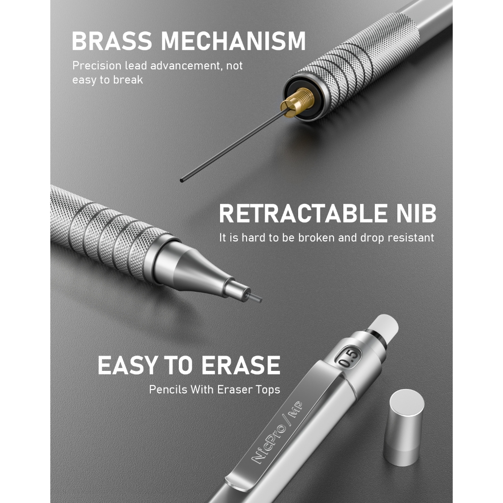 Nicpro 3 CÁI 0.5 / 0.7mm MP1000 Bộ bút chì cơ khí có hộp đựng, Bút chì nghệ sĩ kim loại với 8 lần nạp lại HB, 0,5 / 0,7mm, 3 tẩy, 9 lần nạp lại cho kiến trúc sư Viết bản vẽ