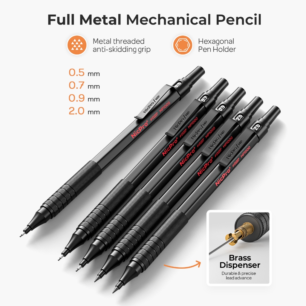 Nicpro 22 cái Bộ bút chì cơ khí nghệ thuật, bút kim loại đen 0.5/0.7/0.9 mm & 2 giá đỡ chì 2 mm (4B 2B HB 2H), kèm chì R để vẽ phác thảo, viết, ký họa