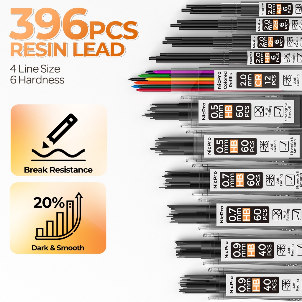 Nicpro 22 cái Bộ bút chì cơ khí nghệ thuật, bút kim loại đen 0.5/0.7/0.9 mm & 2 giá đỡ chì 2 mm (4B 2B HB 2H), kèm chì R để vẽ phác thảo, viết, ký họa