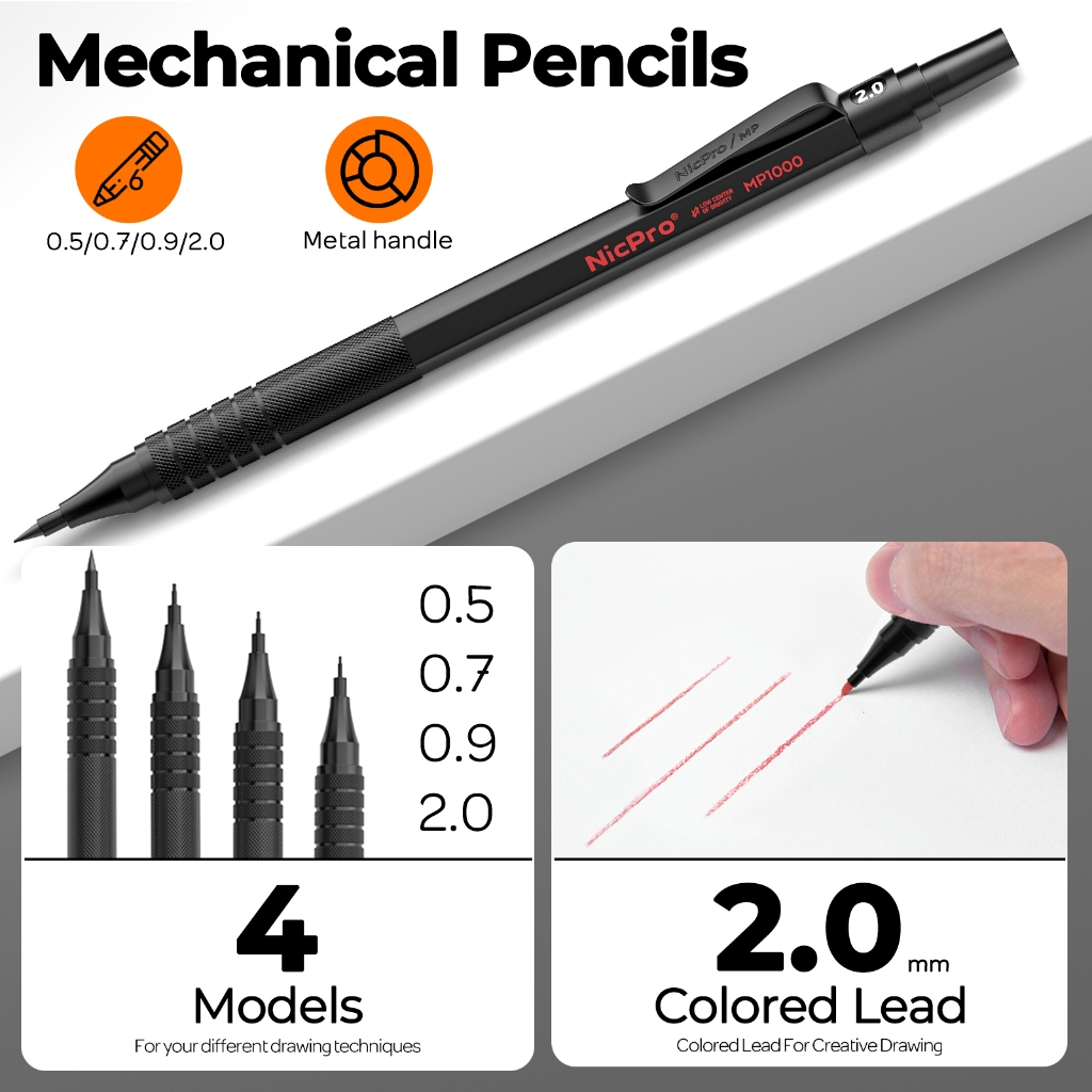 Nicpro 22 cái Bộ bút chì cơ khí nghệ thuật, bút kim loại đen 0.5/0.7/0.9 mm & 2 giá đỡ chì 2 mm (4B 2B HB 2H), kèm chì R để vẽ phác thảo, viết, ký họa
