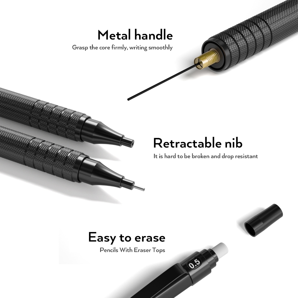 Nicpro 22 cái Bộ bút chì cơ khí nghệ thuật, bút kim loại đen 0.5/0.7/0.9 mm & 2 giá đỡ chì 2 mm (4B 2B HB 2H), kèm chì R để vẽ phác thảo, viết, ký họa