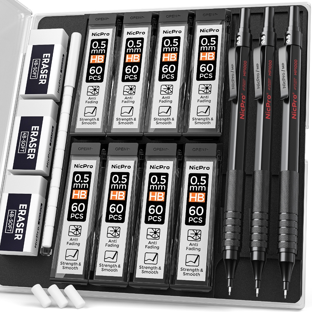 Nicpro 3 CÁI 0.5mm Bộ bút chì cơ khí có hộp đựng, Bút chì nghệ sĩ kim loại đen với 480 HB nạp lại, 3 tẩy, 9 tẩy nạp lại cho kiến trúc sư Nghệ thuật Viết, Tranh, Kỹ thuật, S