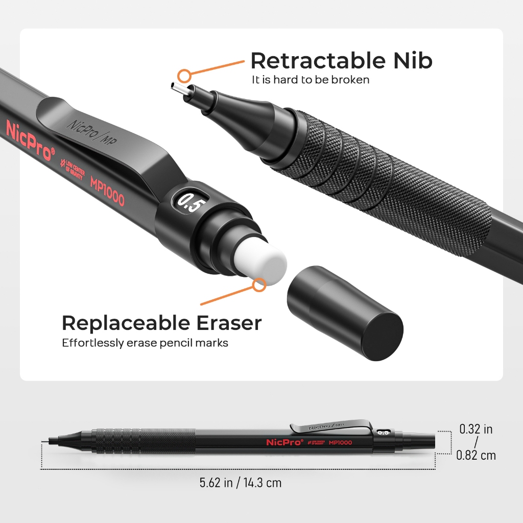Nicpro 3 CÁI 0.5mm Bộ bút chì cơ khí có hộp đựng, Bút chì nghệ sĩ kim loại đen với 480 HB nạp lại, 3 tẩy, 9 tẩy nạp lại cho kiến trúc sư Nghệ thuật Viết, Tranh, Kỹ thuật, S
