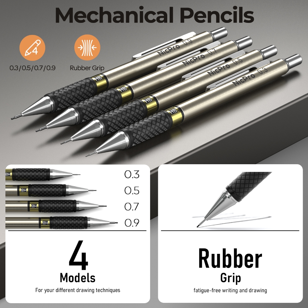 Nicpro 37 CÁI Bộ bút chì cơ khí nghệ thuật vàng / đen, 4 CÁI Bút chì soạn thảo kim loại 0,3 / 0,5 / 0,7 / 0,9 mm & 2 CÁI Giá đỡ chì 2 mm (6B 4B 2B HB 2H 4H) Đồ dùng học tập để vẽ phác thảo
