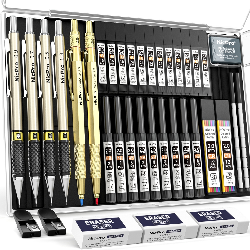Nicpro 37 CÁI Bộ bút chì cơ khí nghệ thuật vàng / đen, 4 CÁI Bút chì soạn thảo kim loại 0,3 / 0,5 / 0,7 / 0,9 mm & 2 CÁI Giá đỡ chì 2 mm (6B 4B 2B HB 2H 4H) Đồ dùng học tập để vẽ phác thảo