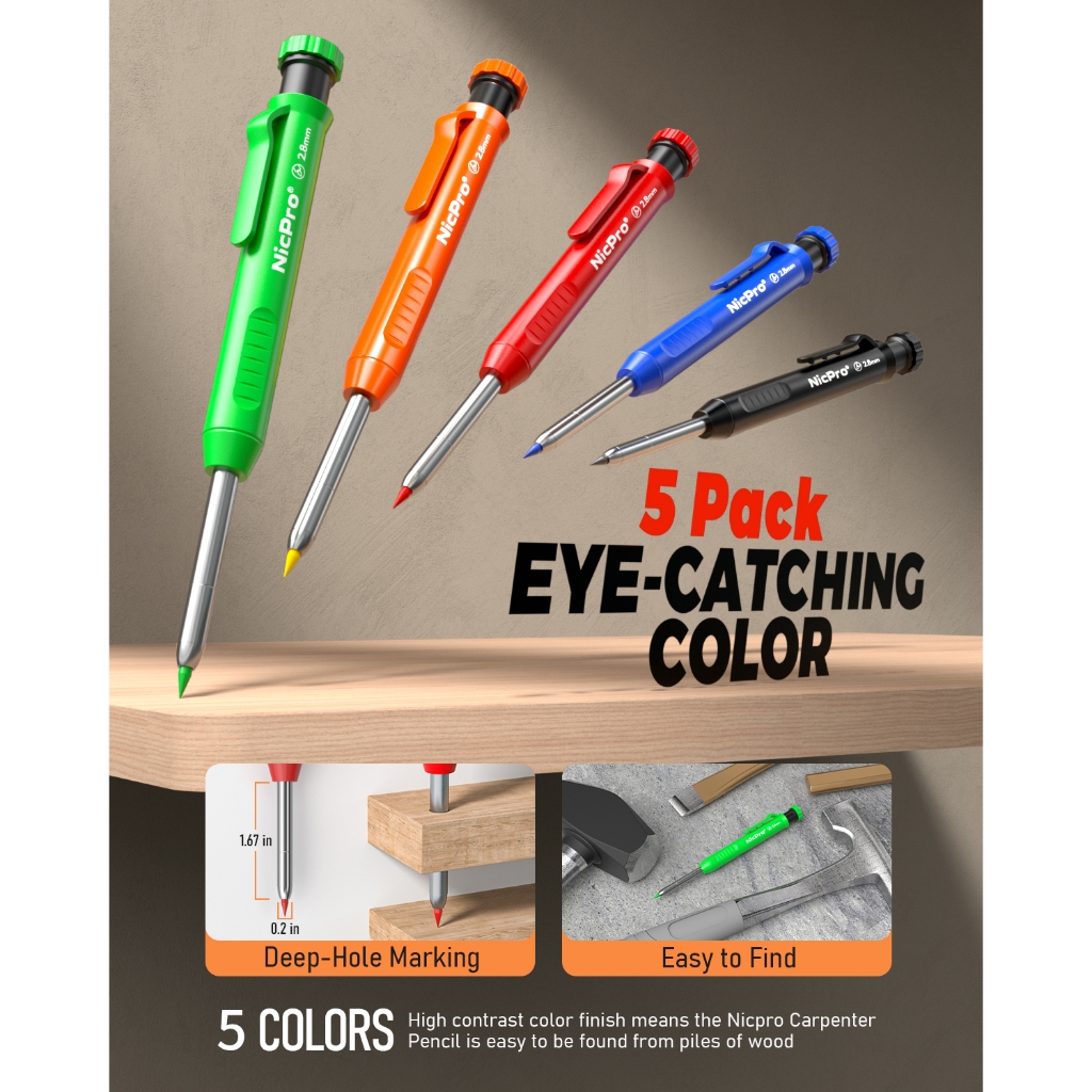 Bộ bút chì thợ mộc Nicpro 31 gói có máy mài, bút chì thợ mộc cơ khí với 128 miếng nạp lại và công cụ Scribe cacbua, bút chì xây dựng hạng nặng cho kiến trúc sư đồ gỗ