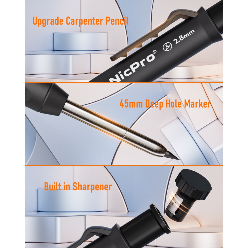 Bộ bút chì thợ mộc Nicpro 31 gói có máy mài, bút chì thợ mộc cơ khí với 128 miếng nạp lại và công cụ Scribe cacbua, bút chì xây dựng hạng nặng cho kiến trúc sư đồ gỗ