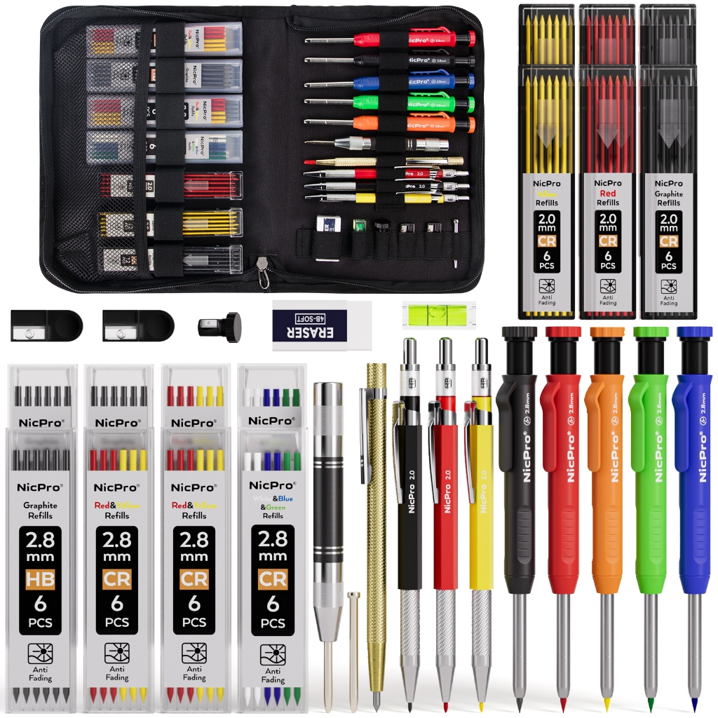 Bộ bút chì thợ mộc Nicpro 31 gói có máy mài, bút chì thợ mộc cơ khí với 128 miếng nạp lại và công cụ Scribe cacbua, bút chì xây dựng hạng nặng cho kiến trúc sư đồ gỗ