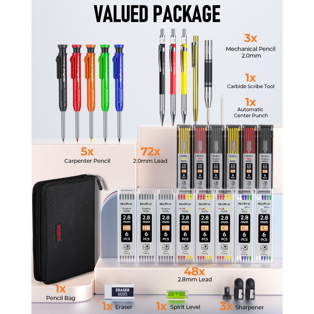 Bộ bút chì thợ mộc Nicpro 31 gói có máy mài, bút chì thợ mộc cơ khí với 128 miếng nạp lại và công cụ Scribe cacbua, bút chì xây dựng hạng nặng cho kiến trúc sư đồ gỗ