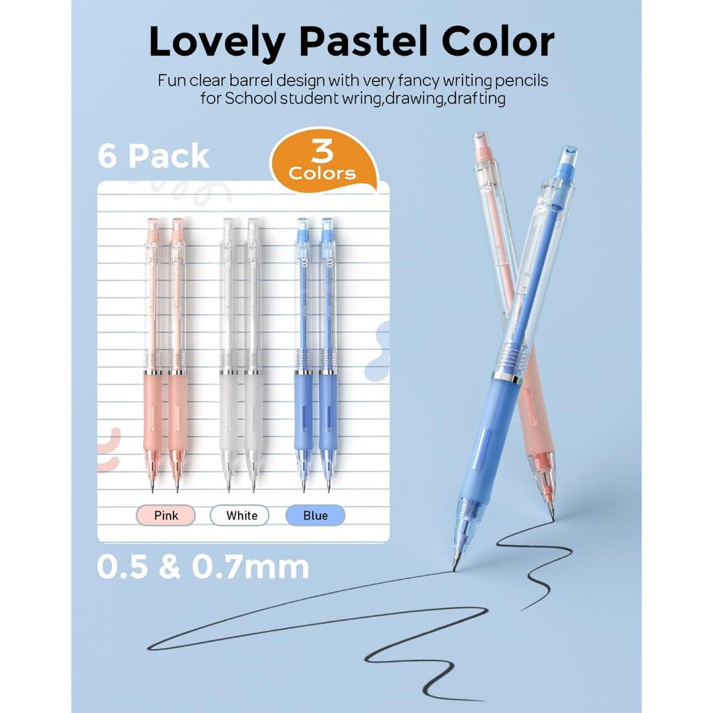 Nicpro 23 CÁI Bút chì cơ Pastel 0,5 & 0,7 mm có hộp đựng cho trường học, với 12 ống nạp chì HB, 3 tẩy, 9 tẩy nạp lại để học sinh viết, vẽ, phác thảo