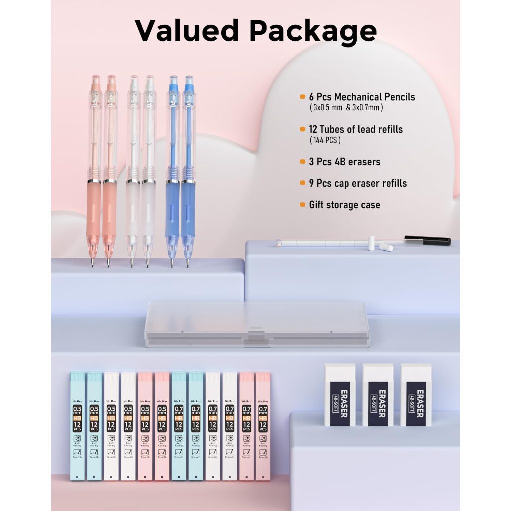 Nicpro 23 CÁI Bút chì cơ Pastel 0,5 & 0,7 mm có hộp đựng cho trường học, với 12 ống nạp chì HB, 3 tẩy, 9 tẩy nạp lại để học sinh viết, vẽ, phác thảo