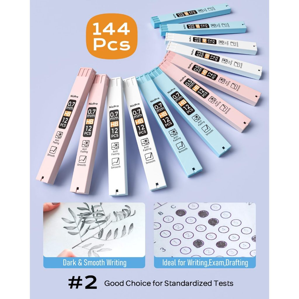 Nicpro 23 CÁI Bút chì cơ Pastel 0,5 & 0,7 mm có hộp đựng cho trường học, với 12 ống nạp chì HB, 3 tẩy, 9 tẩy nạp lại để học sinh viết, vẽ, phác thảo